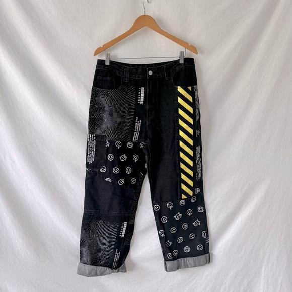 Finesse Denim - Finesse Jacko Jeans Size XL Black Smiley Patchwork
